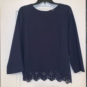 Adrienne Vittadini Navy Blouse W/Lace Cutout Hem